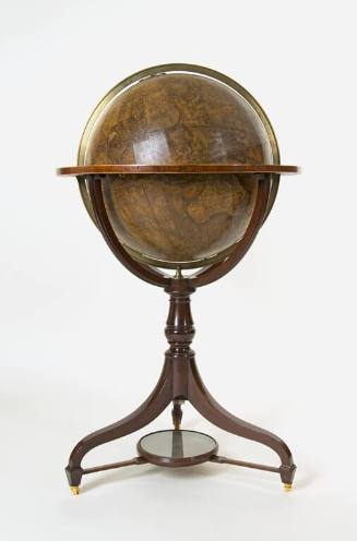 A mahogany tripod stand with circular support for a terrestrial globe created out of boxwood an…