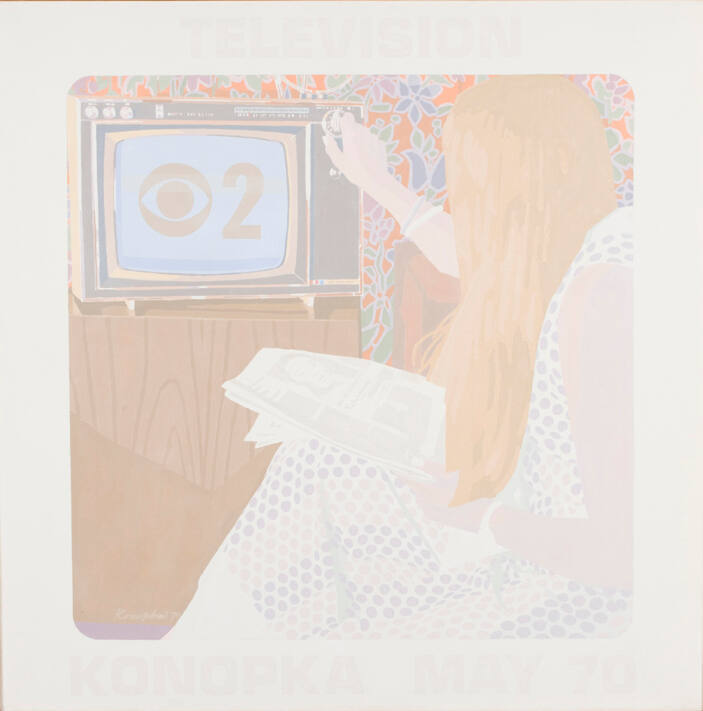 A portrait of the artist's wife watching CBS on an older television set on a wooden stand.