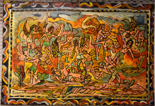 A painting on cardboard depicting angels with swords locked in battle in a red, yellow and oran…