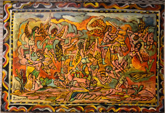 A painting on cardboard depicting angels with swords locked in battle in a red, yellow and oran…