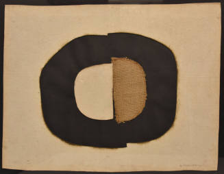 A collage of two black C-shaped forms meeting slightly askew with one containing a semi-circle …
