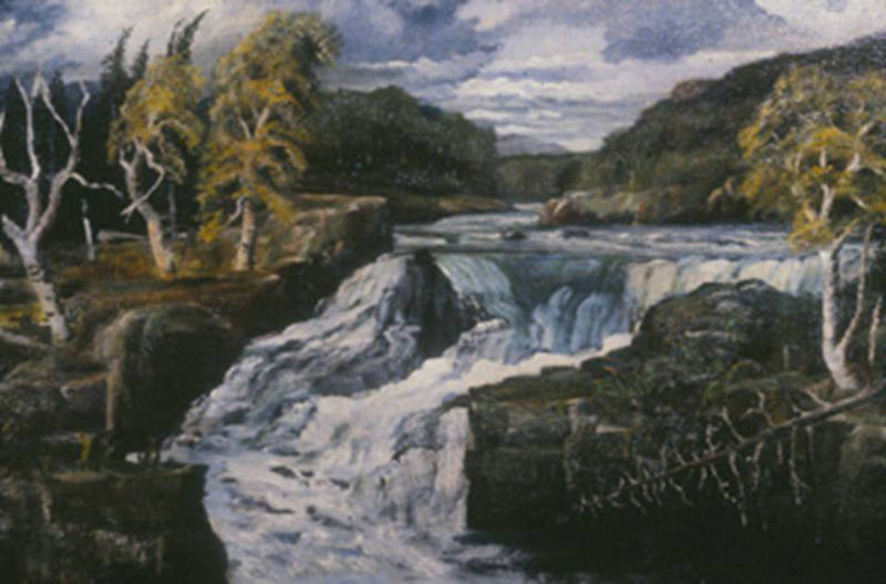 A landscape painting of a waterfall flanked by birch trees with yellow leaves.