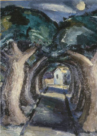 An oil painting of a tree lined road leading to a white house. The trees create a perfect circu…