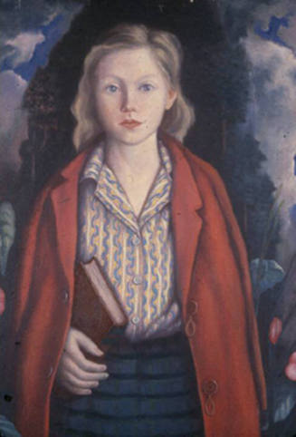 An oil portrait of a blonde young girl with blue eyes carrying a book in her proper right hand.…