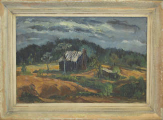 An oil painting of a brown house and shed in the middle of a field with hedge rows and sinewy t…