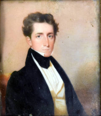 A miniature watercolor of a half-length portrait of a man slightly turned to the right with a b…