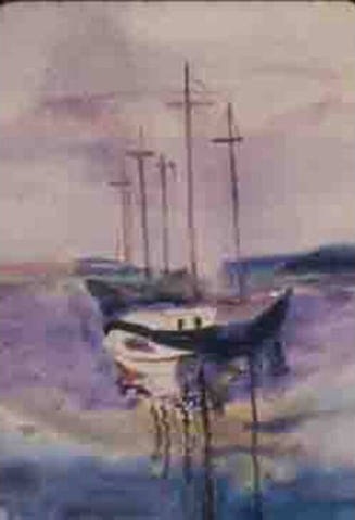 A watercolor of schooner boats or ships anchored on the mirrored surface of still water.