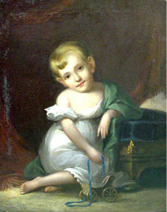 An oil painting of a small child seated on the ground in a white garment with a green shawl hol…