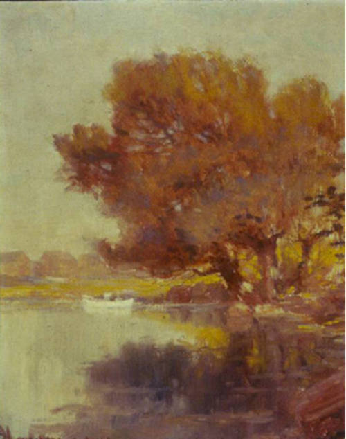 A painting of a white boat on a still lake underneath a cluster of trees with orange leaves.