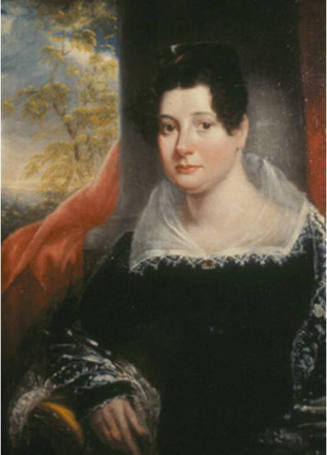 A half-length oil portrait of a seated woman facing the proper right in a black gown lined with…
