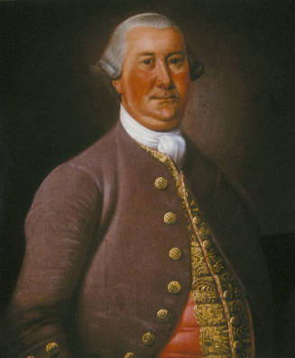 A painting of a half-length portrait of a man in a brown jacket with brass buttons over a red s…