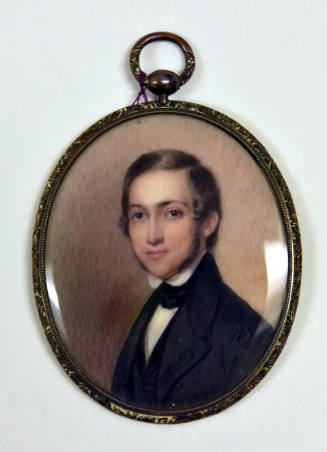 A miniature watercolor portrait of a young man with dark hair parted to the proper right with l…