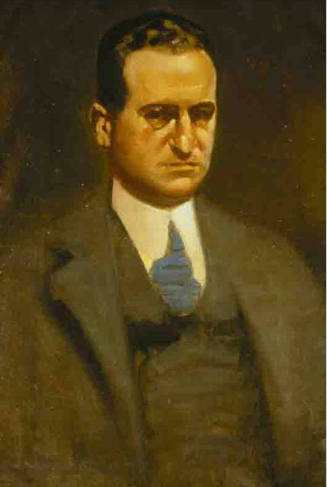 A half-length portrait of a man in a brown suit with a blue tie slightly turned to the proper l…