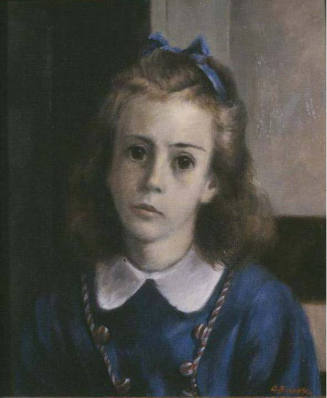 An oil painting of the bust of a young girl wearing a blue dress with a rounded white collar an…