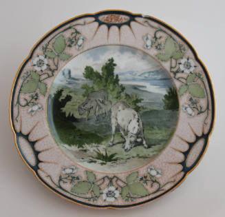 The fifth plate features a pink and blue rim with three clusters of white flowers and green lea…