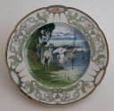 The sixth plate features a white and green rim with three clusters of pink flowers with green a…