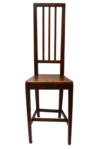 A small chair with square seat and rectangular back with three vertical square slats.