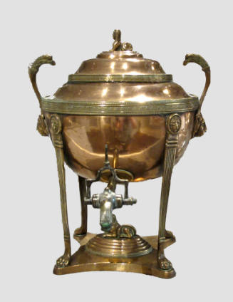 A copper and silver hot water urn with a removable lid crowned by a sphinx knob, bird-like hand…
