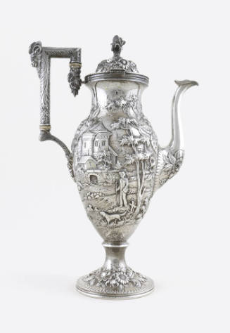 A silver coffeepot embellished with a repousse alpine scene on an urn-shaped body mounted atop …