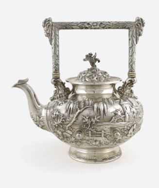 A silver hot water kettle embellished with a repousse alpine scene on the body. The rectangular…