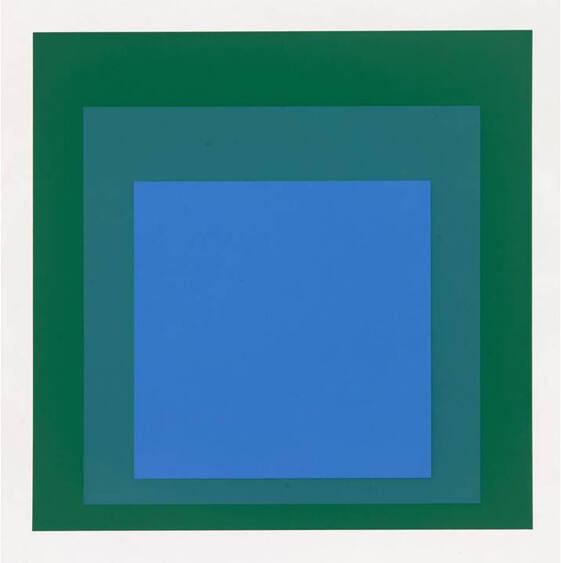 Off-set concentric squares in blue on blue-green on dark green.