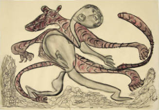 A free form illustration of a man entangled with a tiger stepping on the faces of other human b…