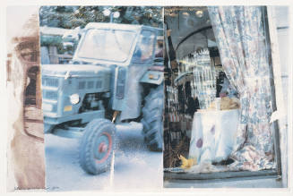 A photograph composed of three images vertically adjacent to one another of a truck cab, tracto…
