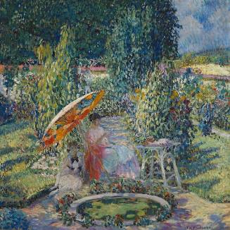 A view of a garden with a small pool in the foreground with two women seated just behind it, on…