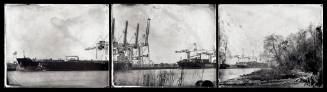 A triptych of ambrotypes showing cargo ships on the Savannah River from the viewpoint of Hutchi…