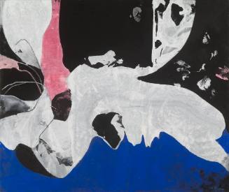 An abstract painting of a white amorphous form over a blue ground on the bottom and black on th…