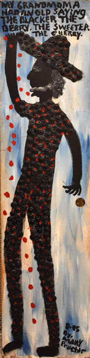 A vertical painting of a figure in all black sprinkling red cherries against a blue background.