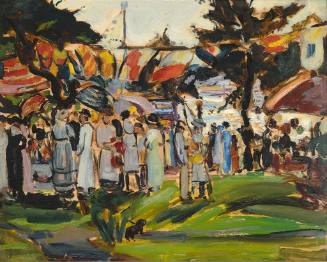 A multitude of figures standing on a lawn overlooking the harbor with nautical flags and lights…
