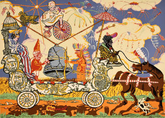 A cast of colorful and satirical characters on a white wagon carrying the liberty bell tethered…