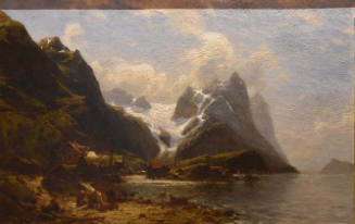 A mountainous landscape painting with water on the right and a tributary to the left leading in…