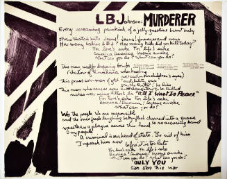 A purple print of a poetic letter about the crimes of Lyndon B. Johnson, former United States P…