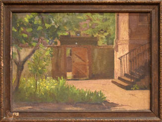 A landscape painting of the rear garden of the Owens-Thomas House featuring an ajar wooden gate…