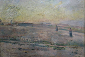 A landscape painting with two women in a field at dusk. There is a soft rendering in lavender h…