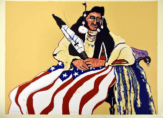 A seated man adorned in Native American garments holds the American flag on his lap.