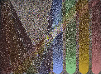 A large-scale geometric abstraction painted in a pointillist manner.