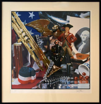 A colorful print featuring part of a trombone, tickertape, silver and red beads, soldier figuri…