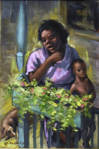 Portrait of a woman and a boy leaning against a porch railing behind a flower box. 