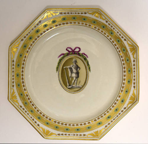 One of twelve octagonal plates with a sculptural figure inside an ovoid roundel crowned with a …