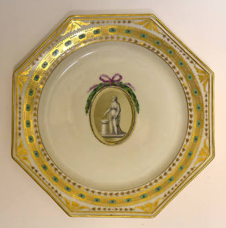 One of twelve octagonal plates with a sculptural figure inside an ovoid roundel crowned with a …