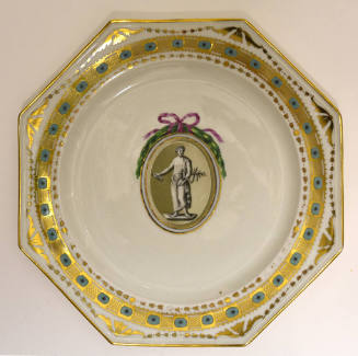One of twelve octagonal plates with a sculptural figure inside an ovoid roundel crowned with a …