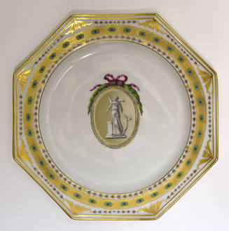 One of twelve octagonal plates with a sculptural figure inside an ovoid roundel crowned with a …