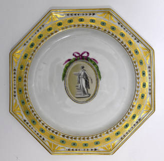 One of twelve octagonal plates with a sculptural figure inside an ovoid roundel crowned with a …