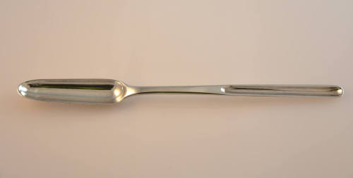 A slender silver scoop. 