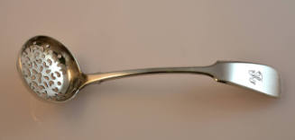 A silver-plated sifter spoon in a fiddle thread pattern.