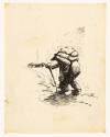 A hunched man walking with a pack and cane. 