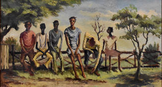 A landscape of six figures sitting in a row on a fence.